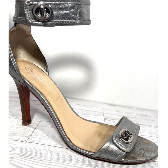 Coach Silver Metallic Buckle Ankle Strap Stiletto Heels Sandals Womens Sz 8 - Picture 2 of 9